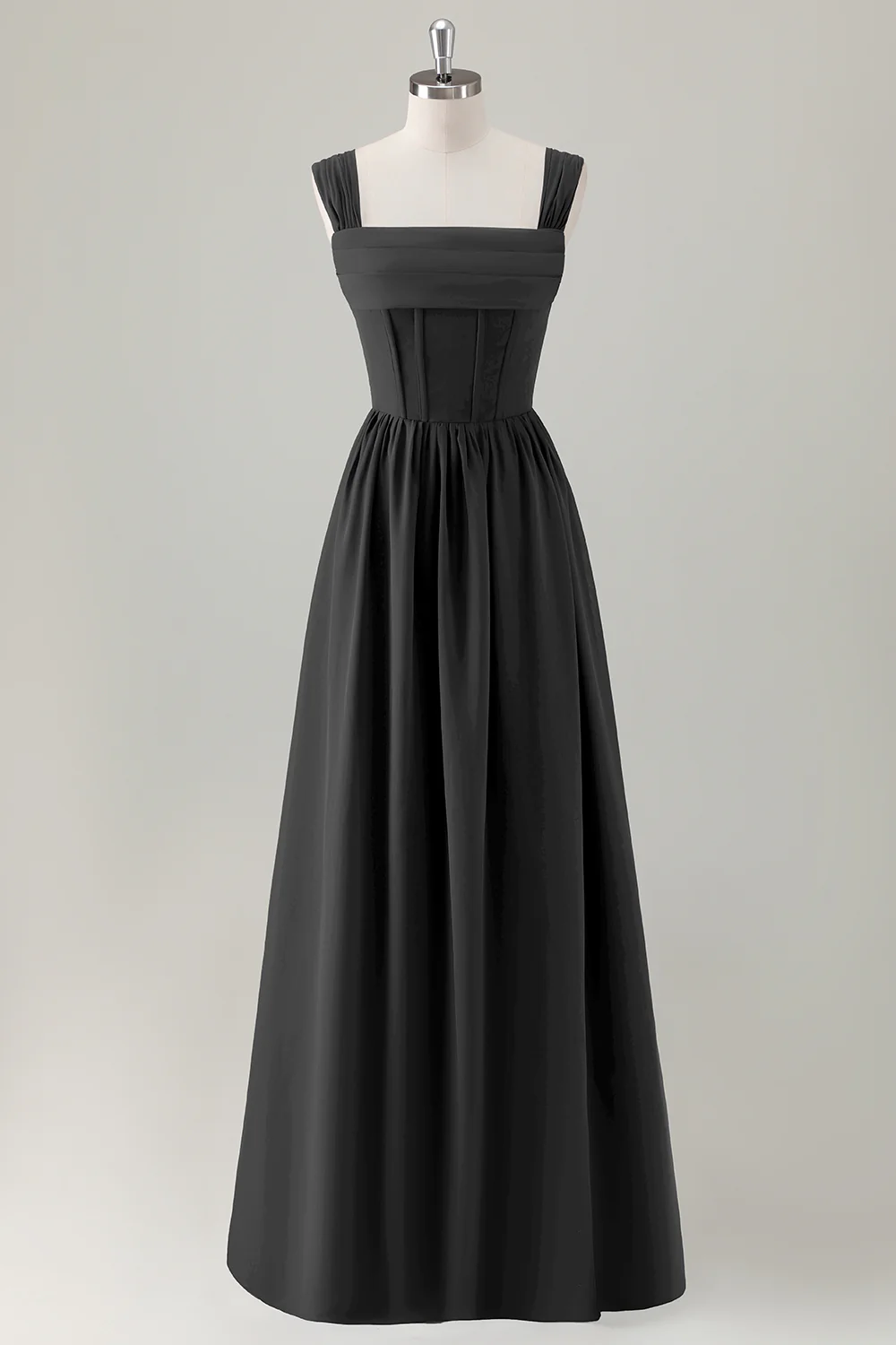 Robe longue de demoiselle d’honneur bleu foncé à corset trapèze et col carré avec lacets dans le dos - Image 9