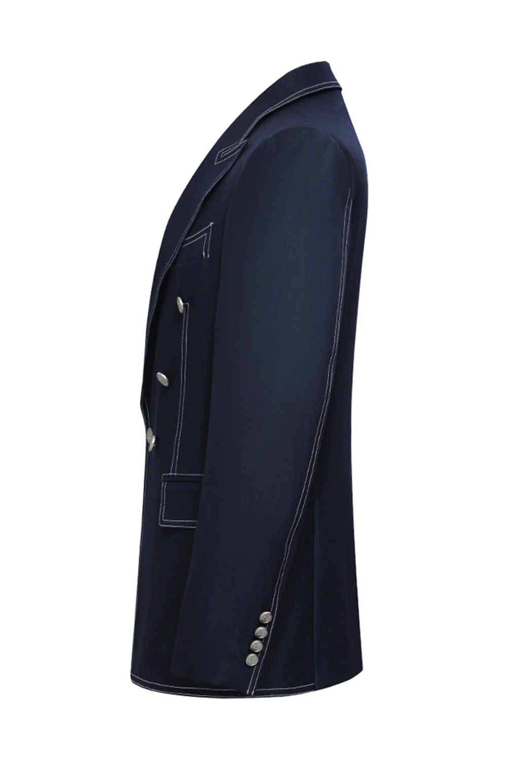 Bleu foncé double boutonnage à revers en pointe sur mesure Costumes 2 pièces pour hommes - Image 4