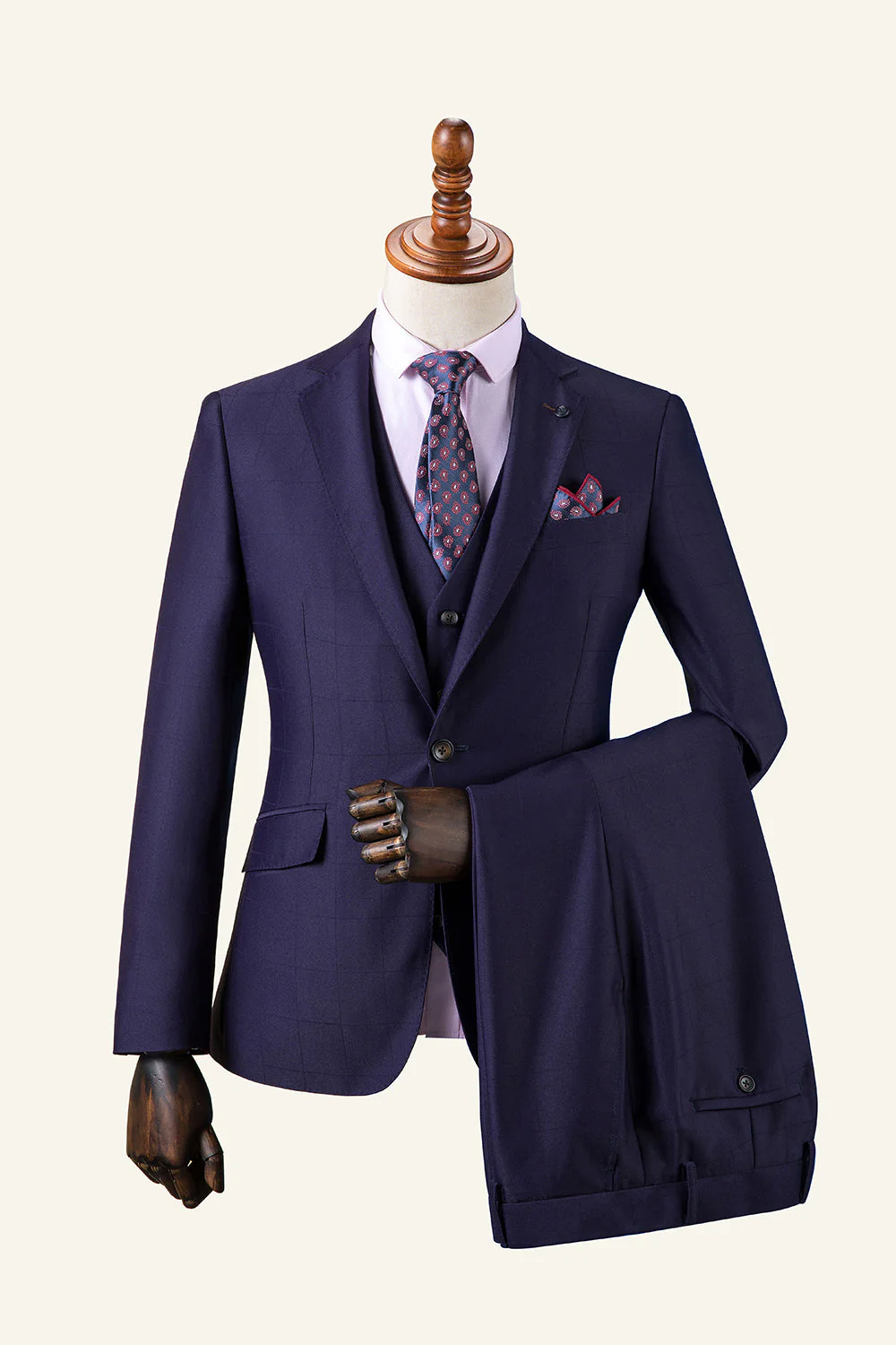 Bleu foncé Grille de revers crantée 3 pièces Costume pour homme