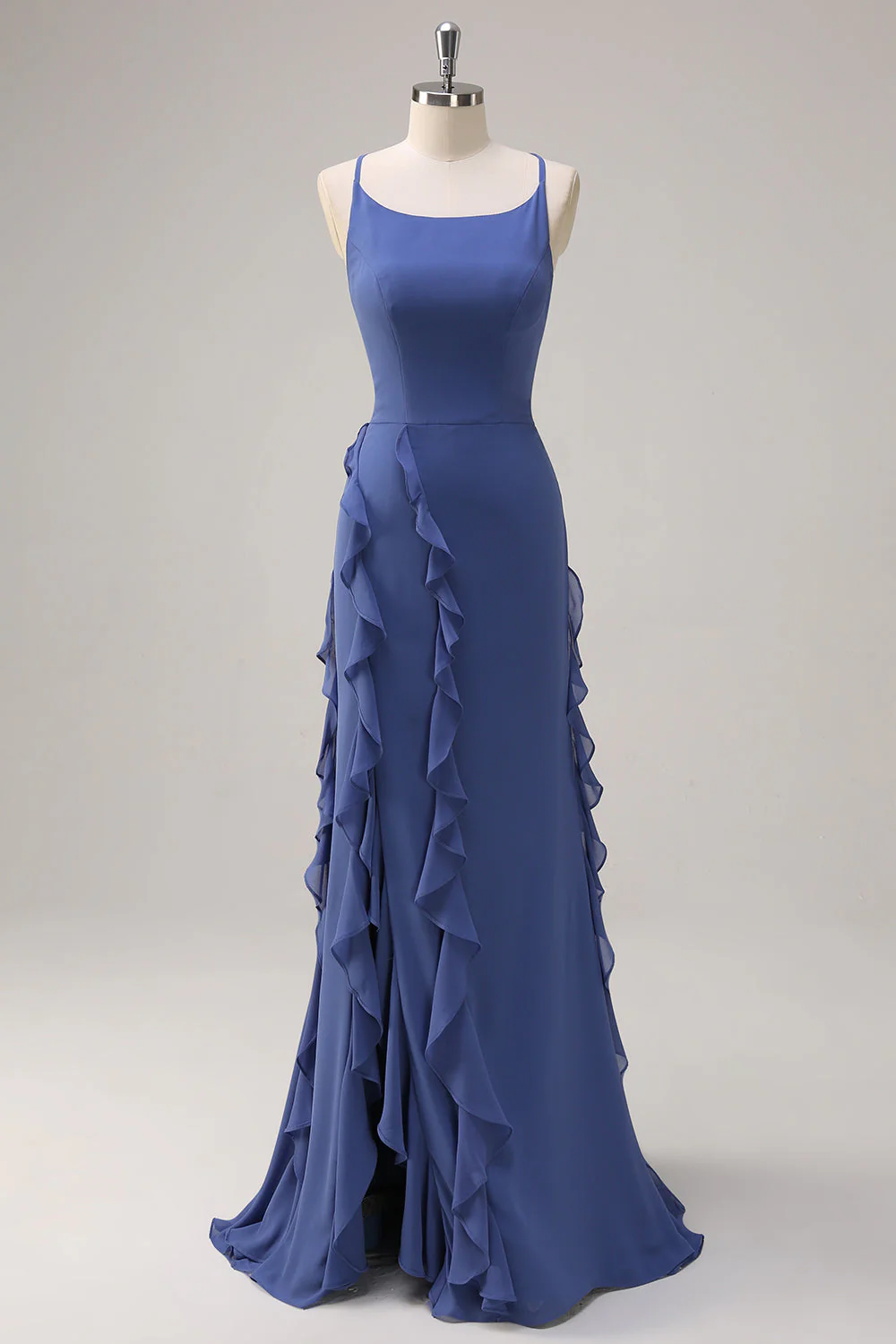 Bleu foncé moulante spaghetti bretelles robe longue de demoiselle d’honneur avec fente à volants
