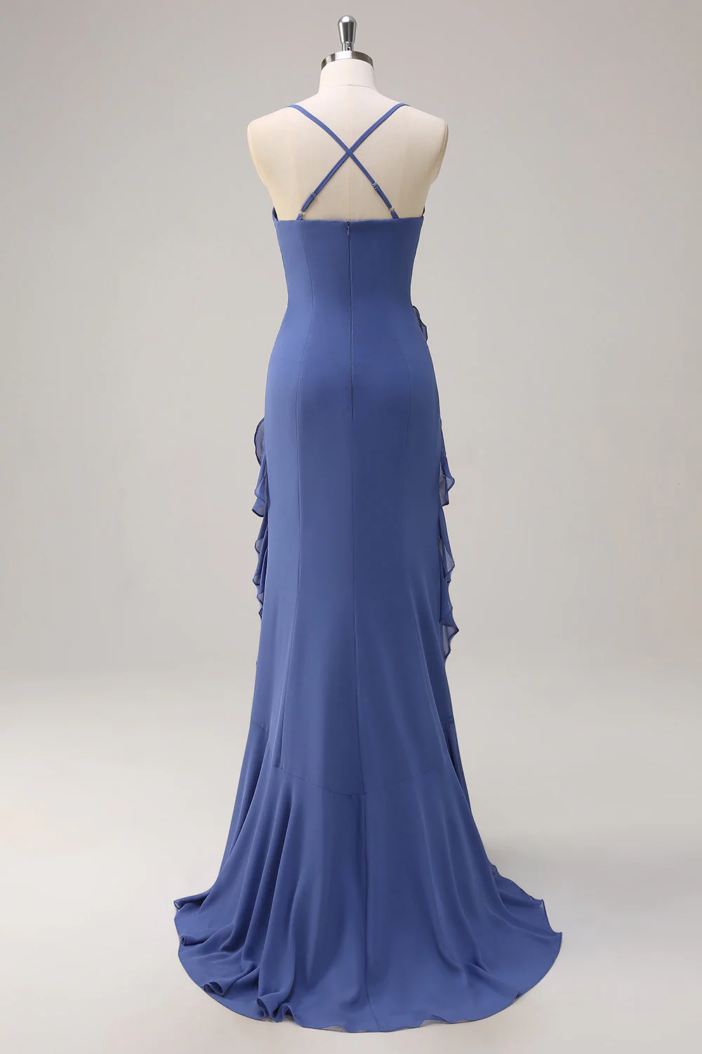 Bleu foncé moulante spaghetti bretelles robe longue de demoiselle d’honneur avec fente à volants - Image 2