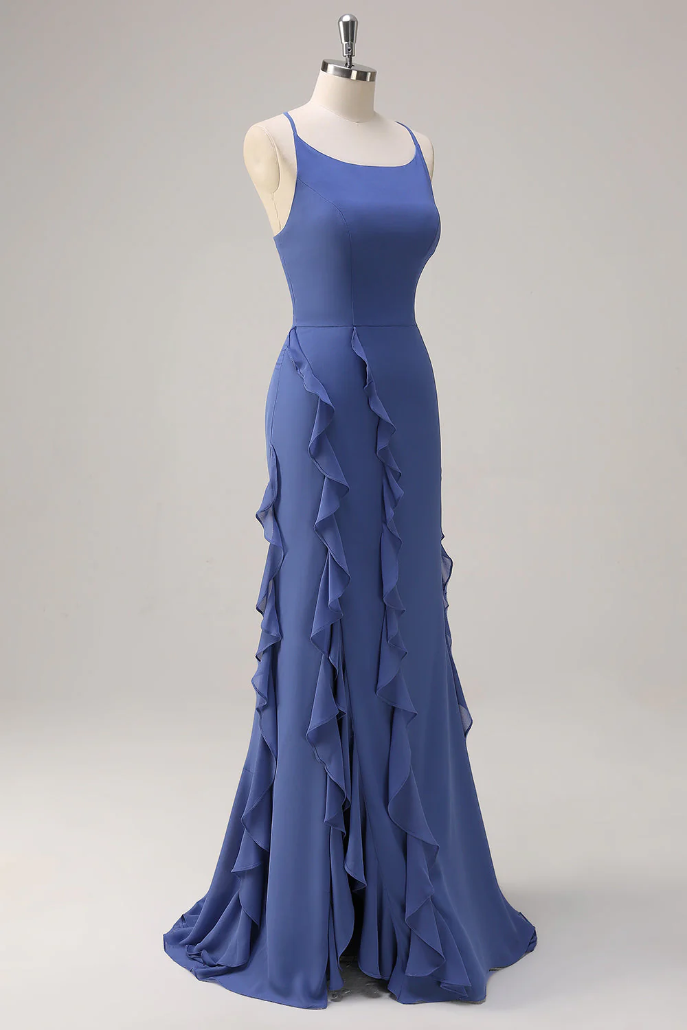 Bleu foncé moulante spaghetti bretelles robe longue de demoiselle d’honneur avec fente à volants - Image 3