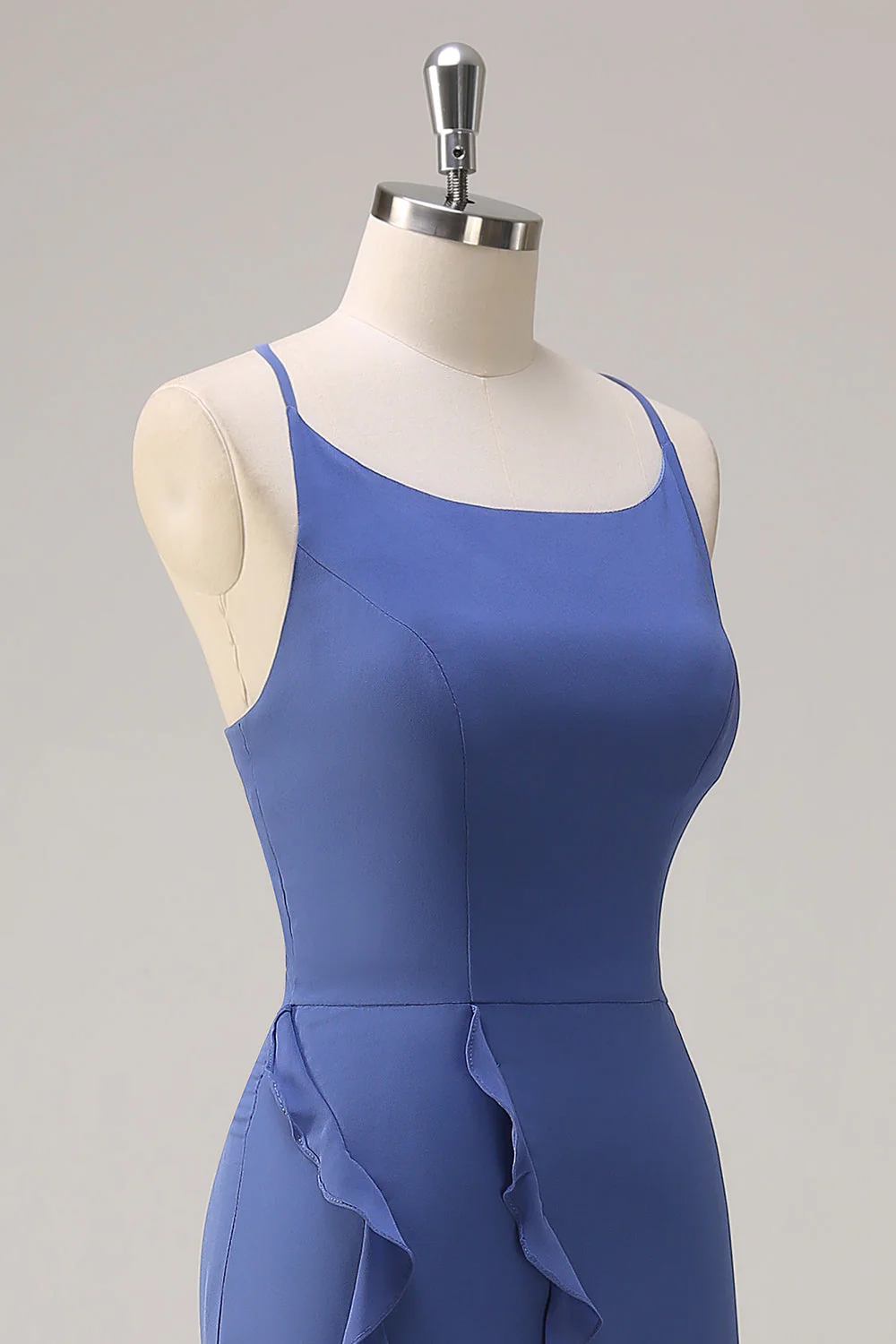 Bleu foncé moulante spaghetti bretelles robe longue de demoiselle d’honneur avec fente à volants - Image 6