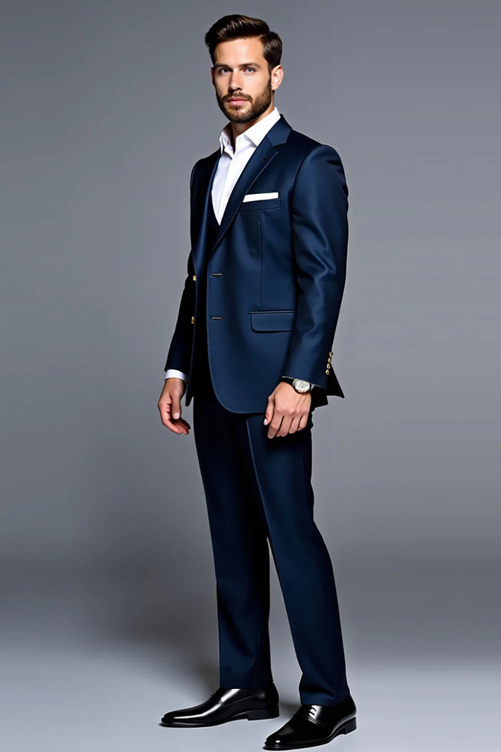 Bleu foncé revers cranté 3 pièces Costumes de soirée pour hommes - Image 3