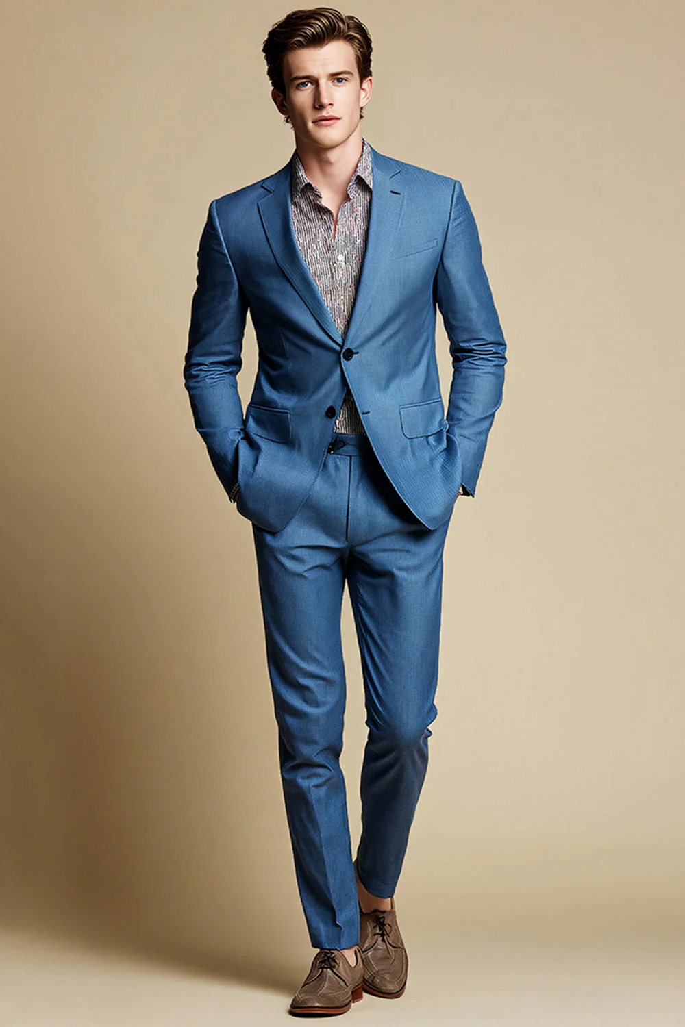 Bleu Gris Revers Cranté Simple Boutonnage Hommes Blazer - Image 2