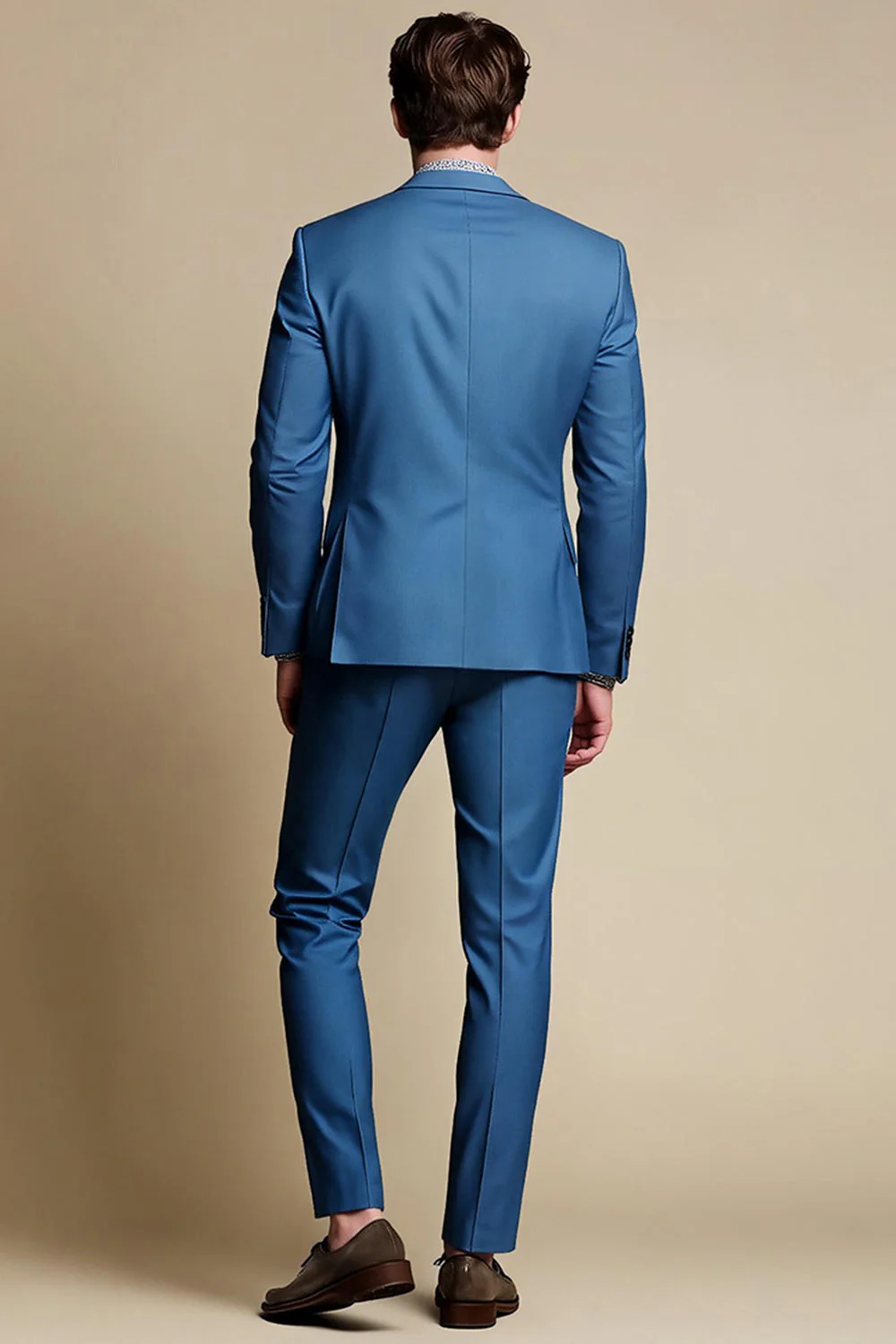 Bleu Gris Revers Cranté Simple Boutonnage Hommes Blazer - Image 3