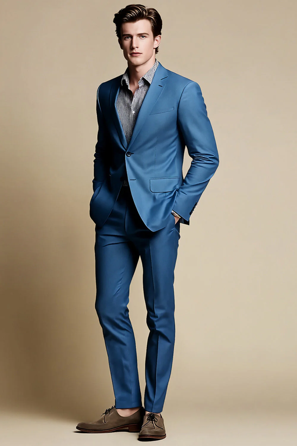 Bleu Gris Revers Cranté Simple Boutonnage Hommes Blazer - Image 4