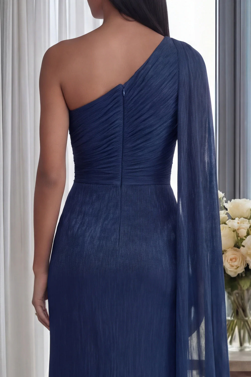 Bleu marine à étui unique à épaule longue, robe formelle longue et froncée avec ruban - Image 4