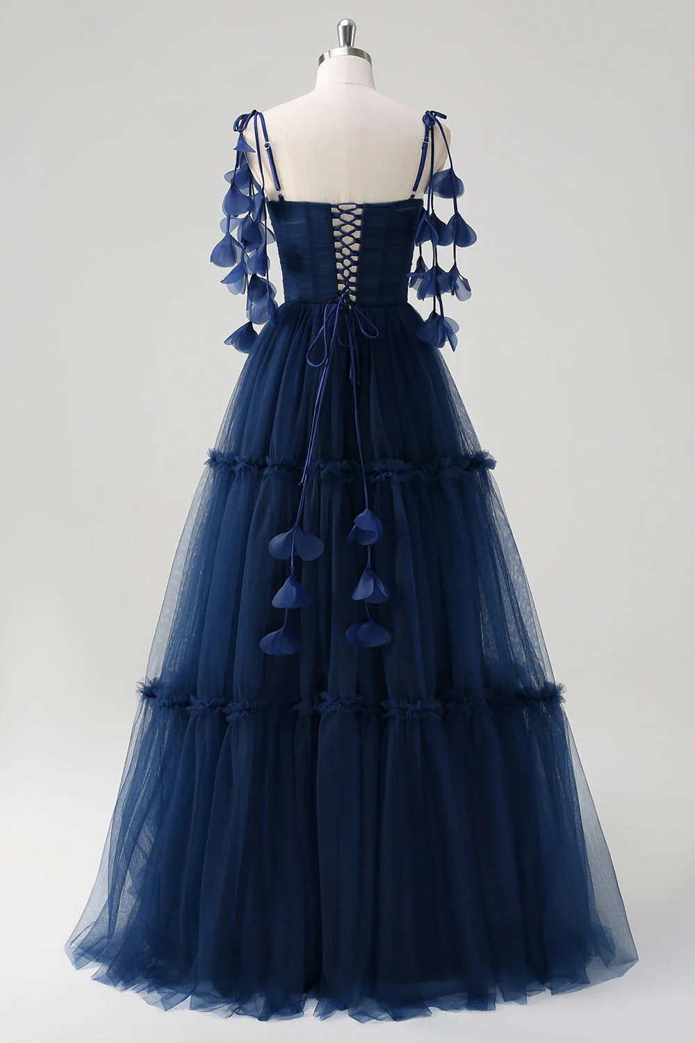 Bleu marine A-ligne spaghetti bretelles Fleurs Corset Volants Tulle Robe longue de demoiselle d’honneur - Image 2