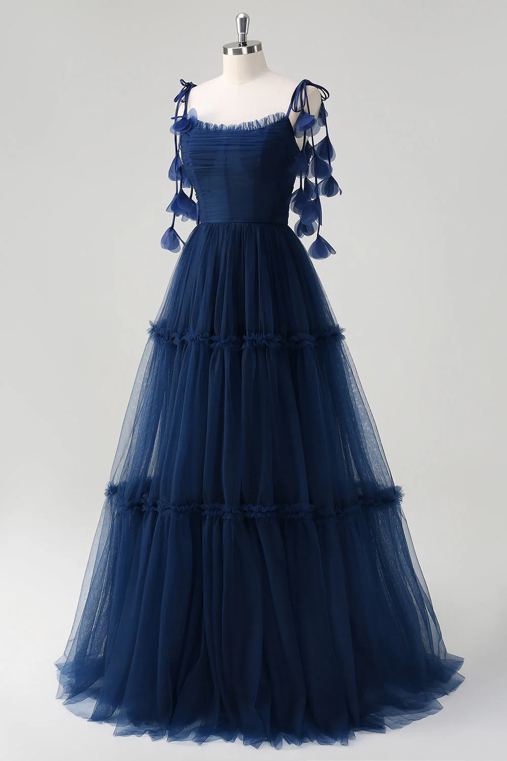 Bleu marine A-ligne spaghetti bretelles Fleurs Corset Volants Tulle Robe longue de demoiselle d’honneur - Image 3