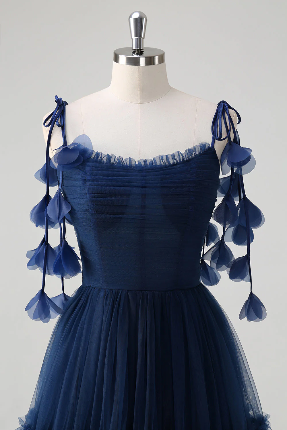 Bleu marine A-ligne spaghetti bretelles Fleurs Corset Volants Tulle Robe longue de demoiselle d’honneur - Image 4