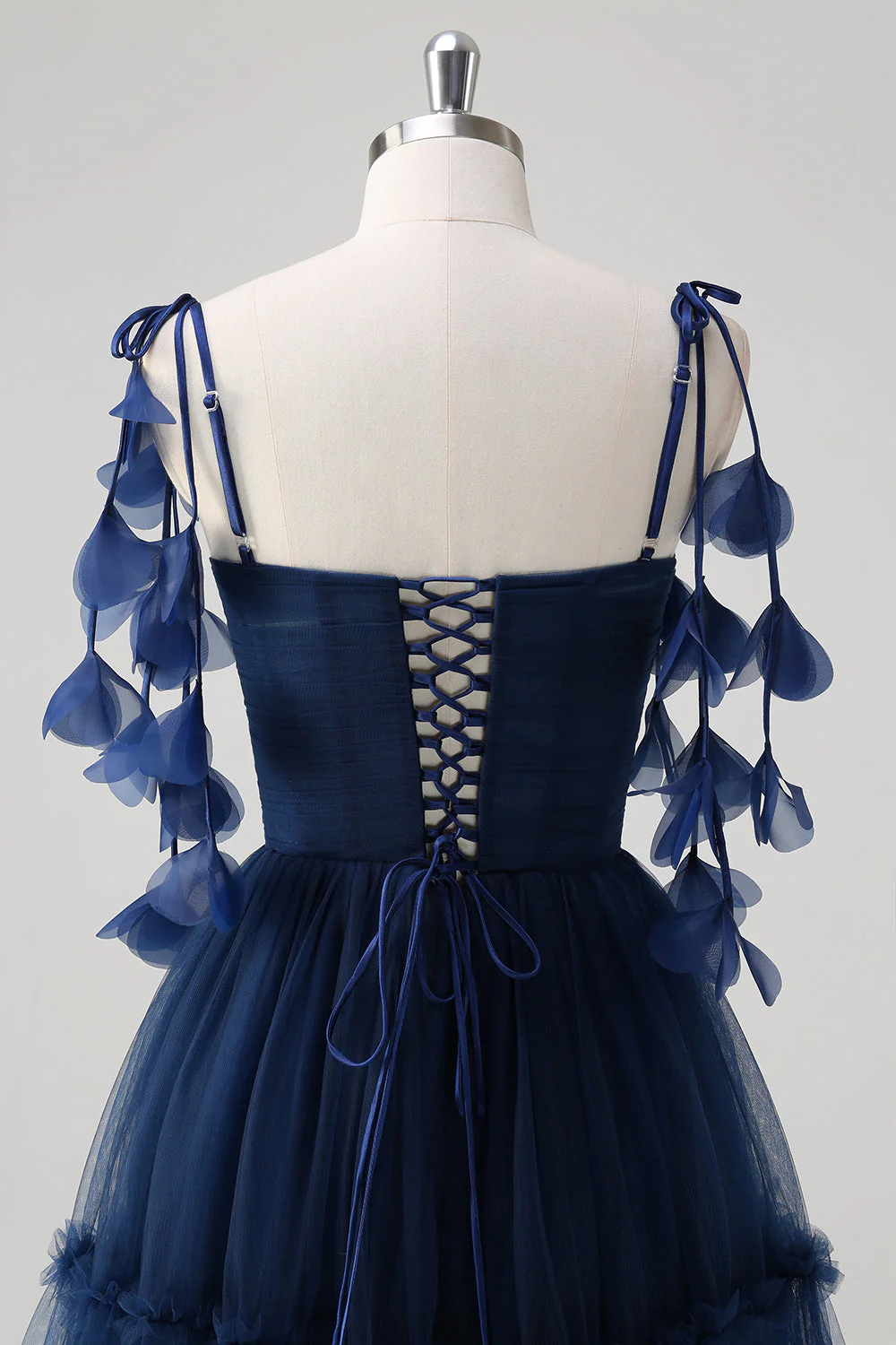 Bleu marine A-ligne spaghetti bretelles Fleurs Corset Volants Tulle Robe longue de demoiselle d’honneur - Image 5