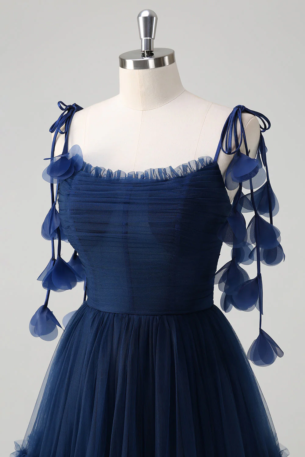 Bleu marine A-ligne spaghetti bretelles Fleurs Corset Volants Tulle Robe longue de demoiselle d’honneur - Image 6
