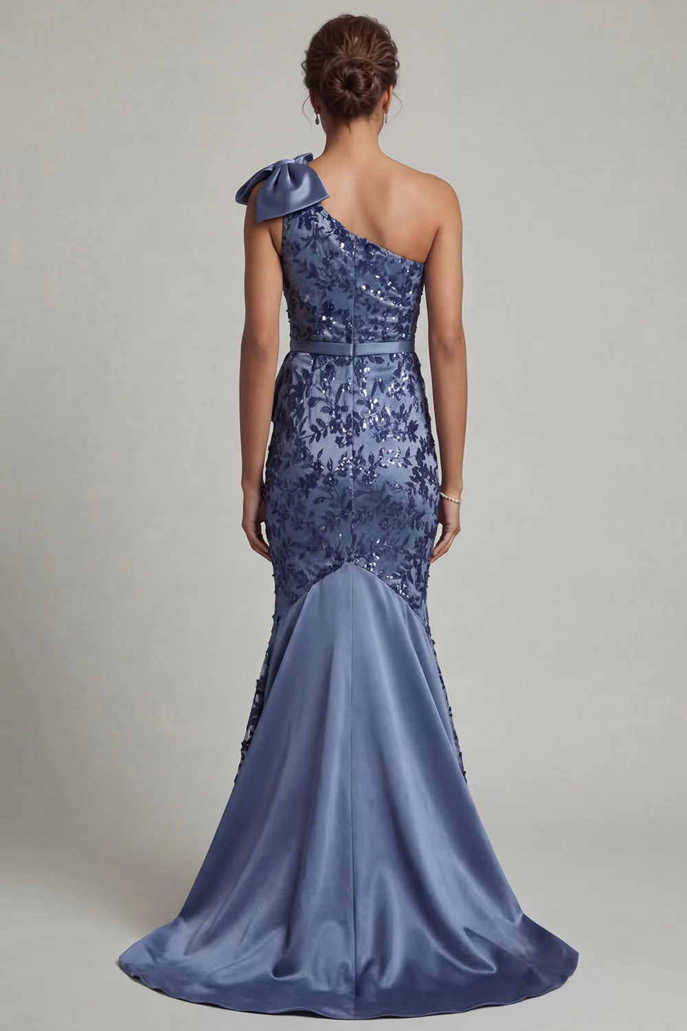 Bleu marine à une épaule en forme de sirène à sequins longues robe de mère de la mariée avec un nœud - Image 2
