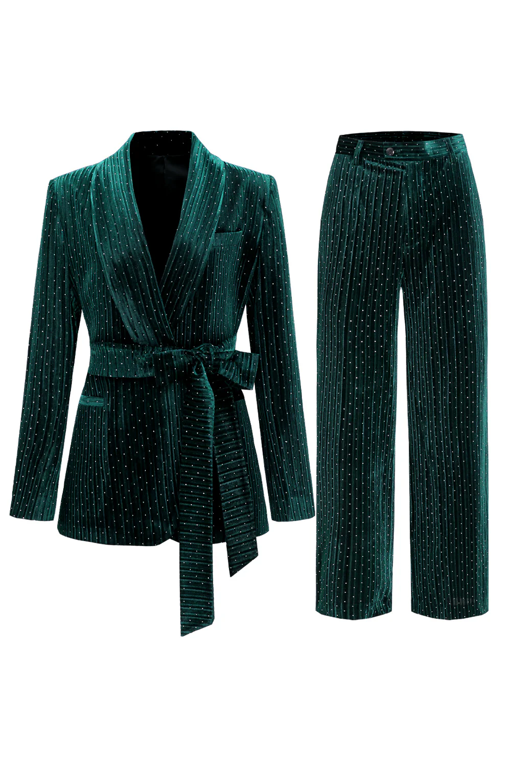 Bleu marine châle revers 2 pièces Costumes pour femmes avec ceinture - Image 11