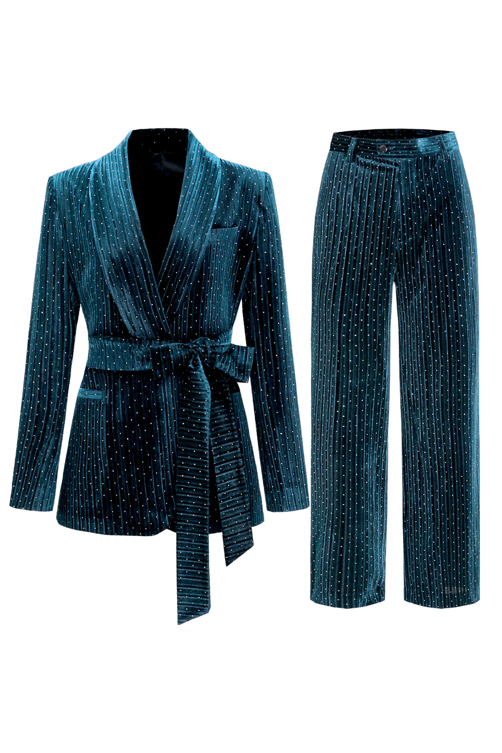 Bleu marine châle revers 2 pièces Costumes pour femmes avec ceinture - Image 13