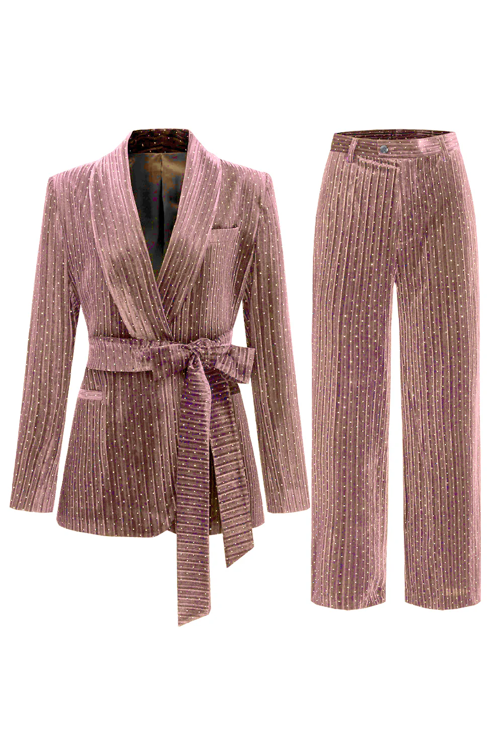 Bleu marine châle revers 2 pièces Costumes pour femmes avec ceinture - Image 5