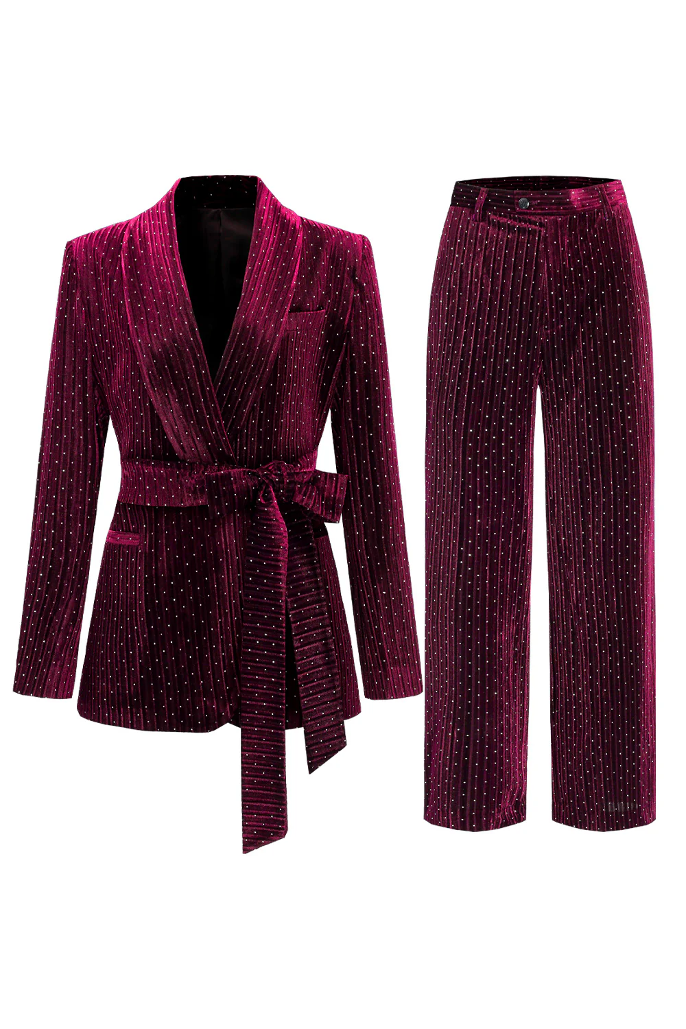 Bleu marine châle revers 2 pièces Costumes pour femmes avec ceinture - Image 7
