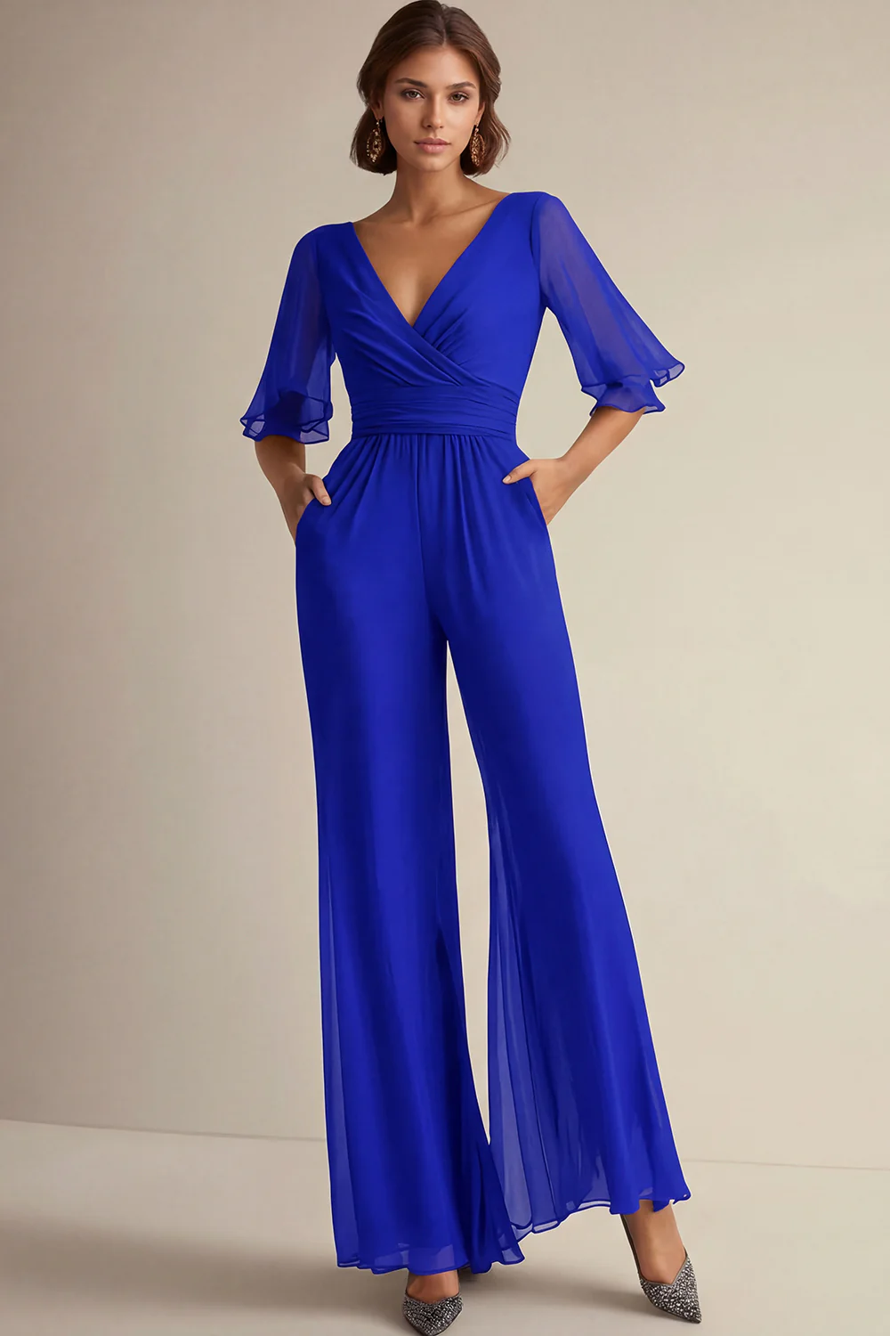 Combinaison pour mère de la mariée en bleu marine à col V et manches 3/4 - Image 12