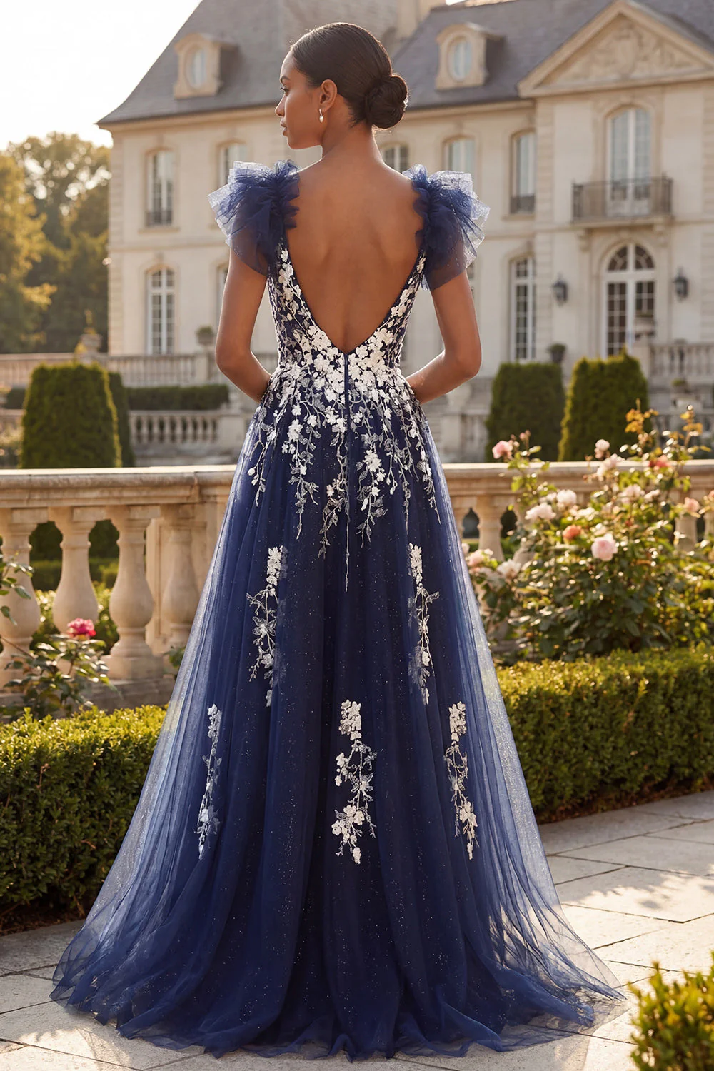 Bleu marine fleuri A ligne à manches à volants en tulle longue robe de bal avec fente - Image 2