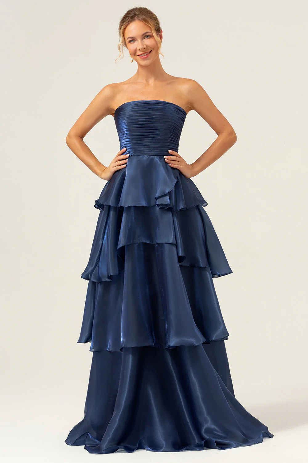 Robe de demoiselle d'honneur longue bleu marine foncé bustier sans bretelles à plusieurs niveaux - Image 3