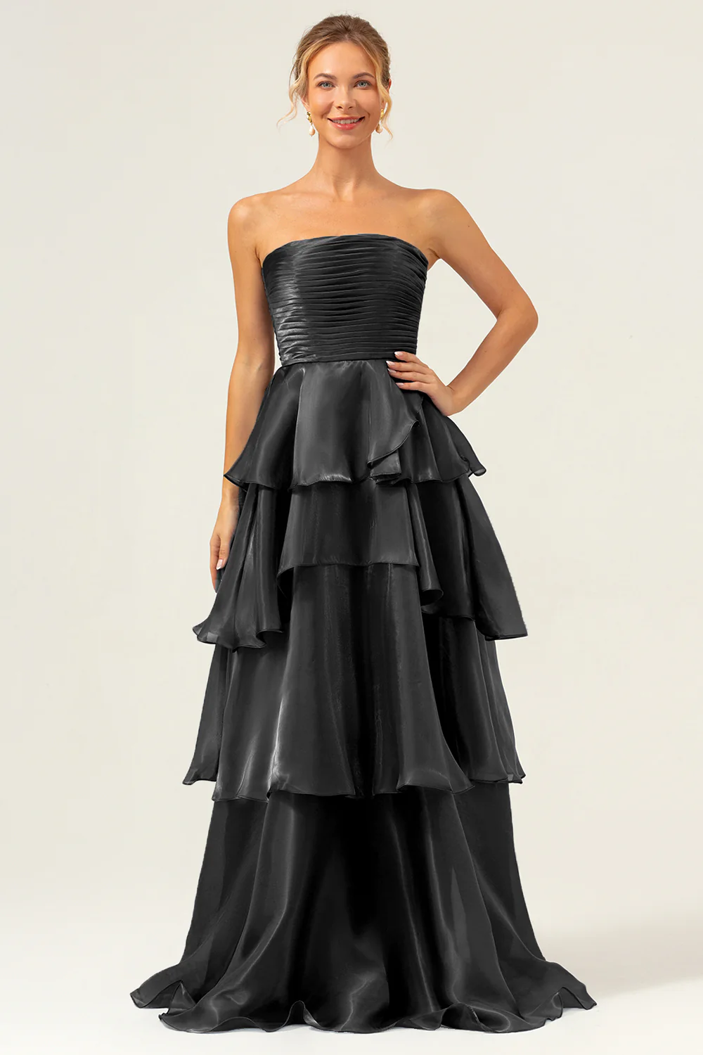 Robe de demoiselle d'honneur longue bleu marine foncé bustier sans bretelles à plusieurs niveaux - Image 10