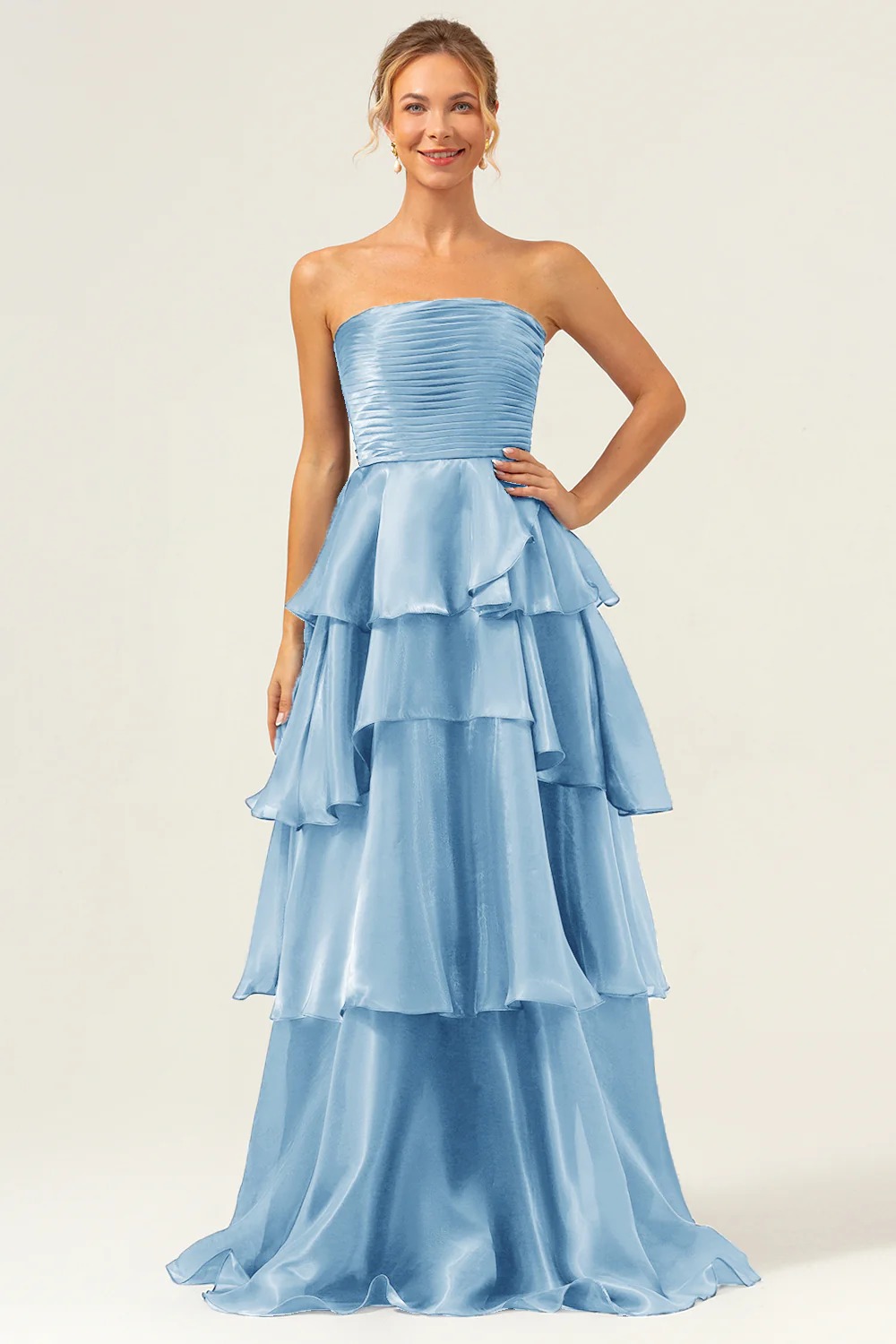 Robe de demoiselle d'honneur longue bleu marine foncé bustier sans bretelles à plusieurs niveaux - Image 11
