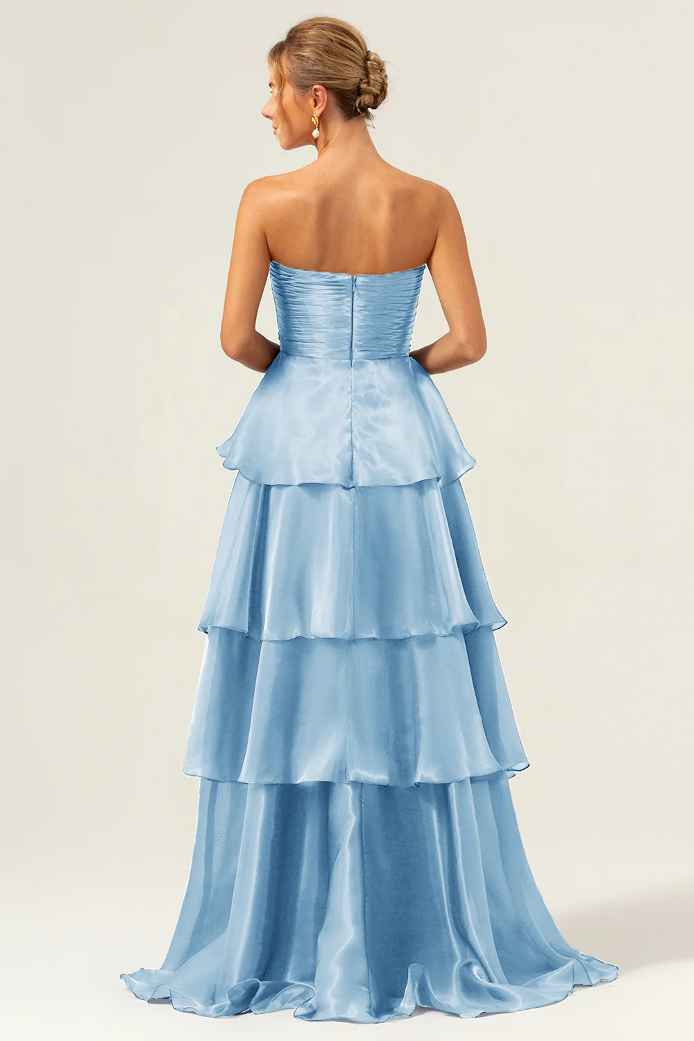 Robe de demoiselle d'honneur longue bleu marine foncé bustier sans bretelles à plusieurs niveaux - Image 12