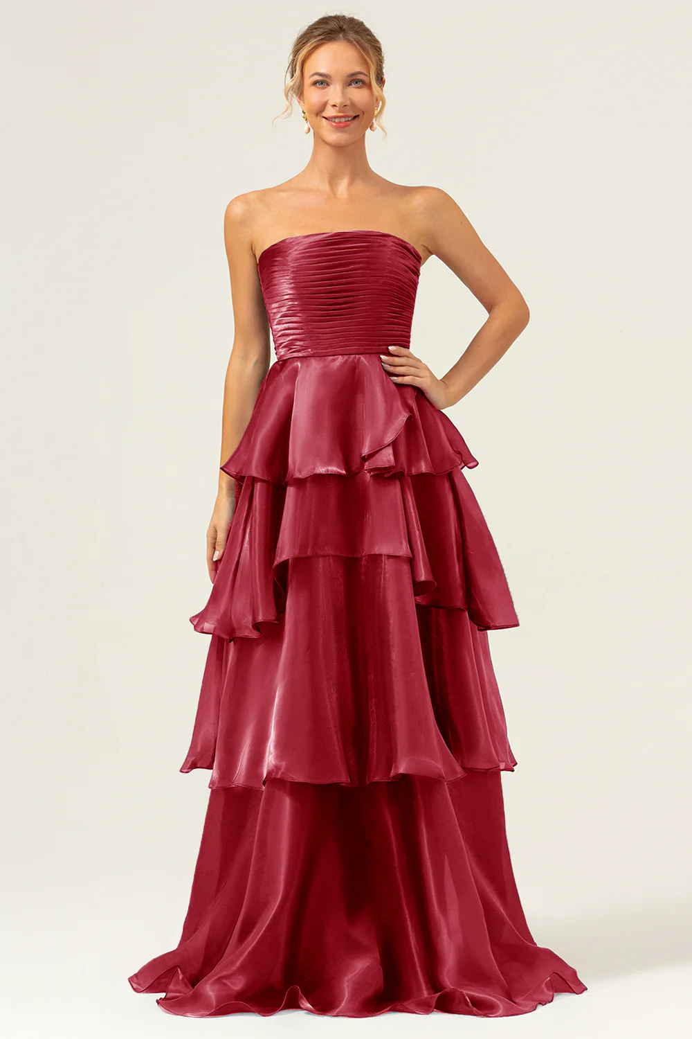Robe de demoiselle d'honneur longue bleu marine foncé bustier sans bretelles à plusieurs niveaux - Image 13