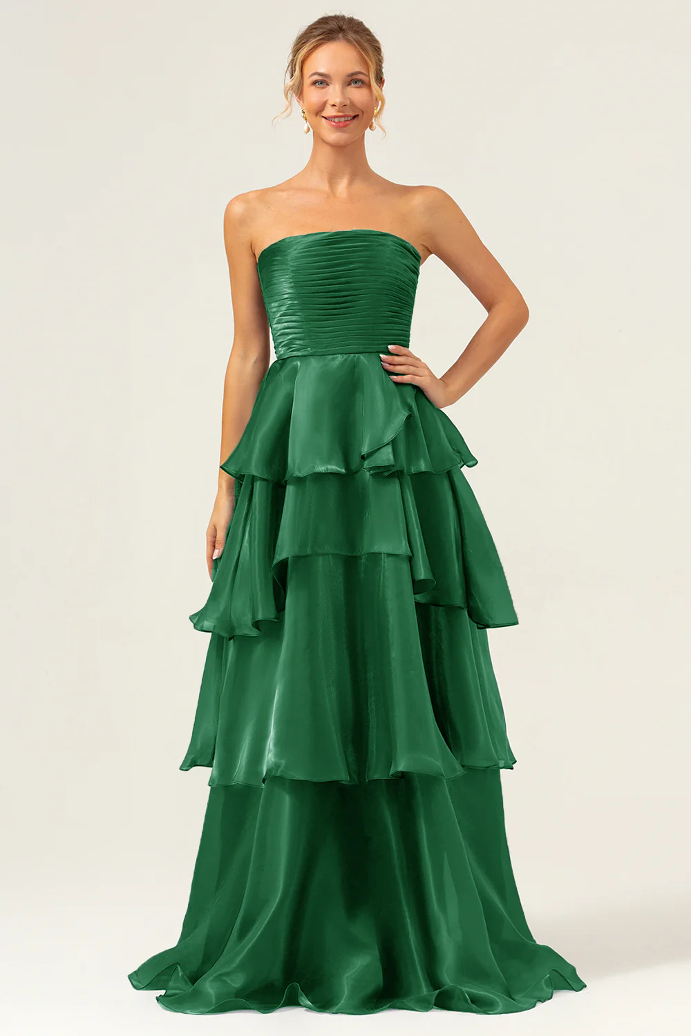 Robe de demoiselle d'honneur longue bleu marine foncé bustier sans bretelles à plusieurs niveaux - Image 15