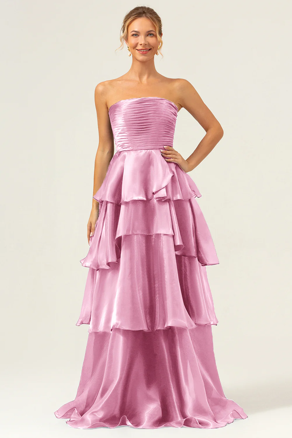 Robe de demoiselle d'honneur longue bleu marine foncé bustier sans bretelles à plusieurs niveaux - Image 19