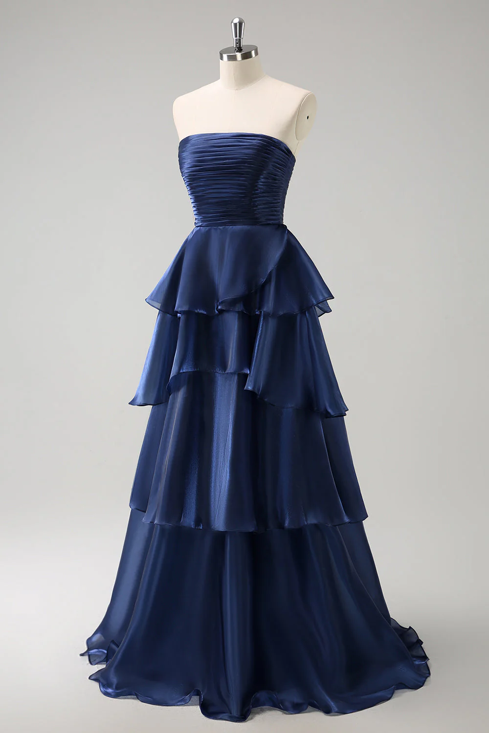 Robe de demoiselle d'honneur longue bleu marine foncé bustier sans bretelles à plusieurs niveaux - Image 5