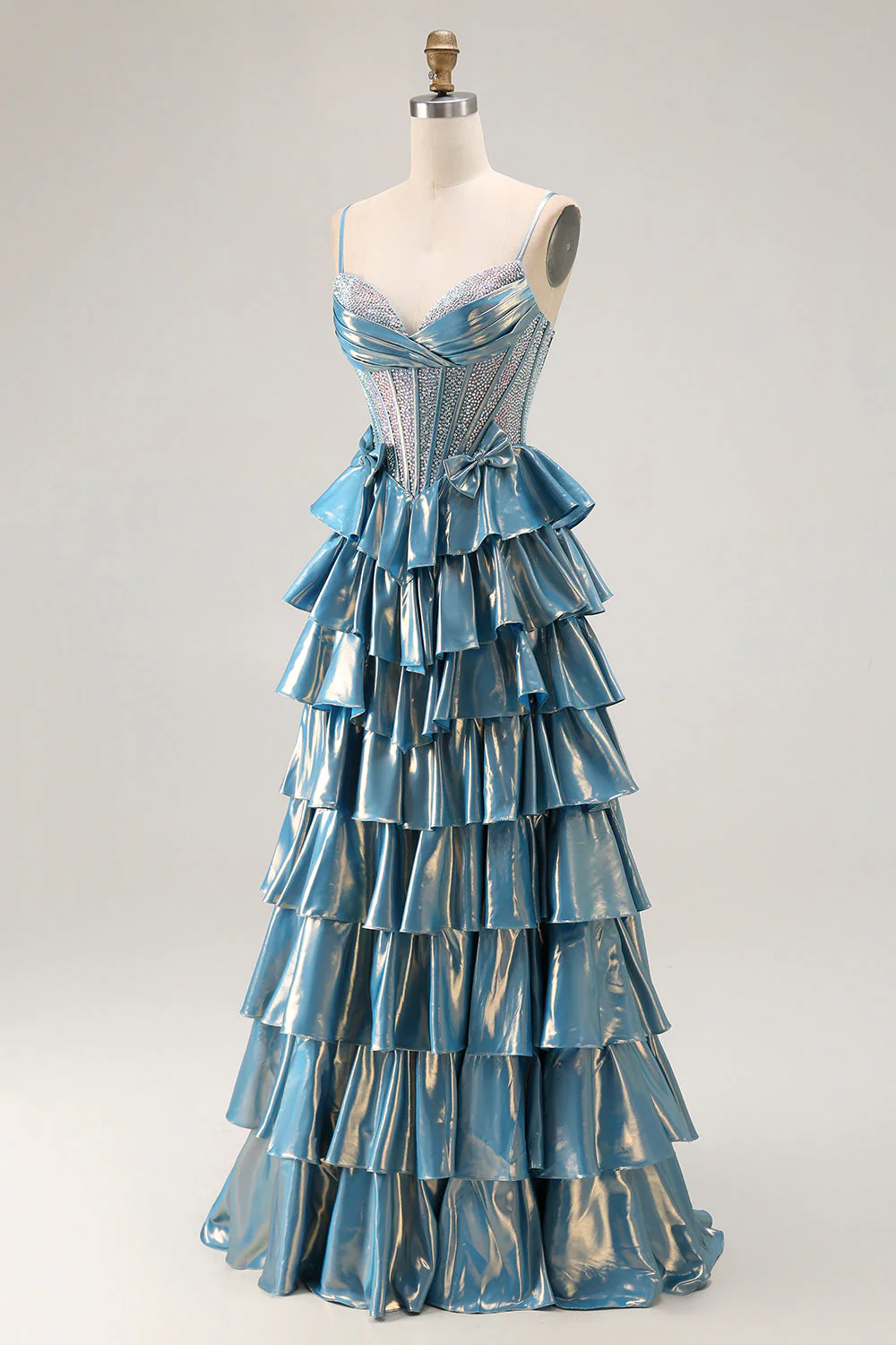 Robe de soirée longue trapèze bleu métallisé à corset ornée de perles - Image 3