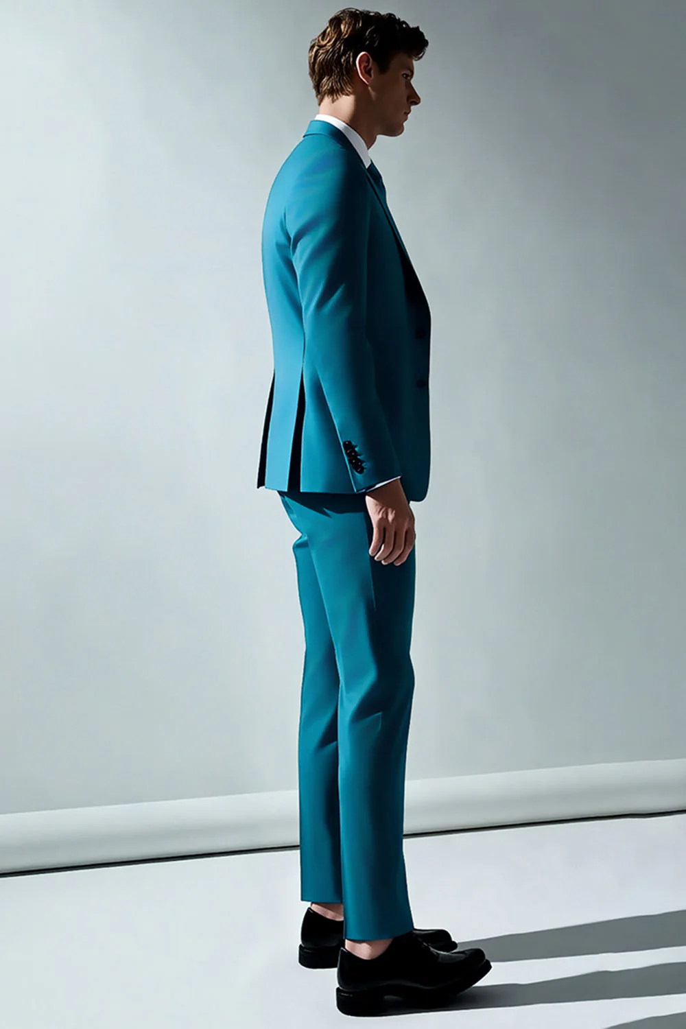 Bleu paon revers cranté 2 pièces Costumes pour hommes - Image 3