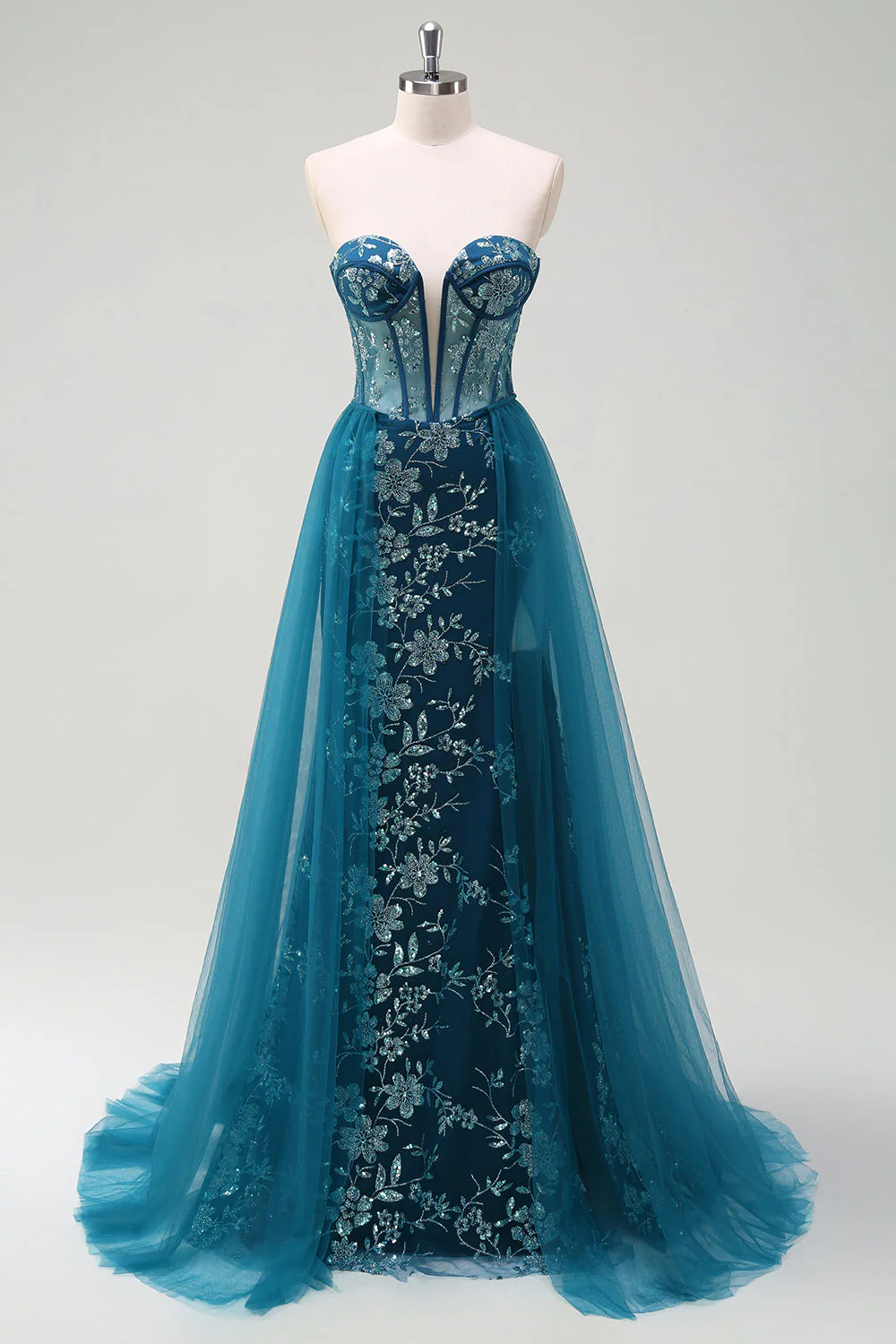 Bleu Paon Sirène Streamer Bustier Corset Longue Robe de Bal Avec Fente - Image 7