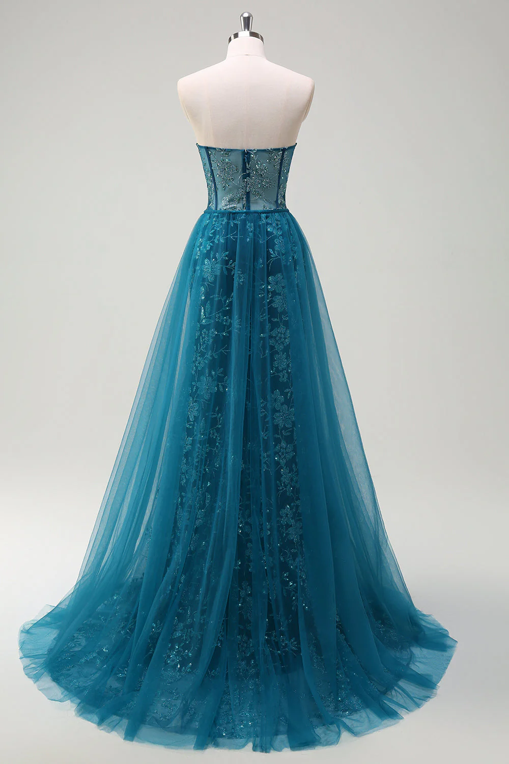 Bleu Paon Sirène Streamer Bustier Corset Longue Robe de Bal Avec Fente - Image 8