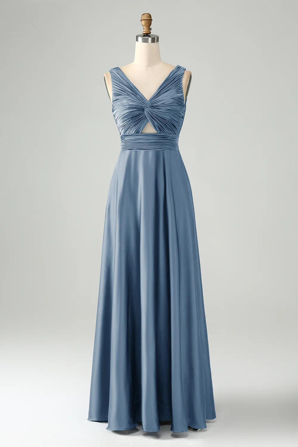 Bleu poussiéreux A ligne col V trou de serrure longue robe de demoiselle d’honneur