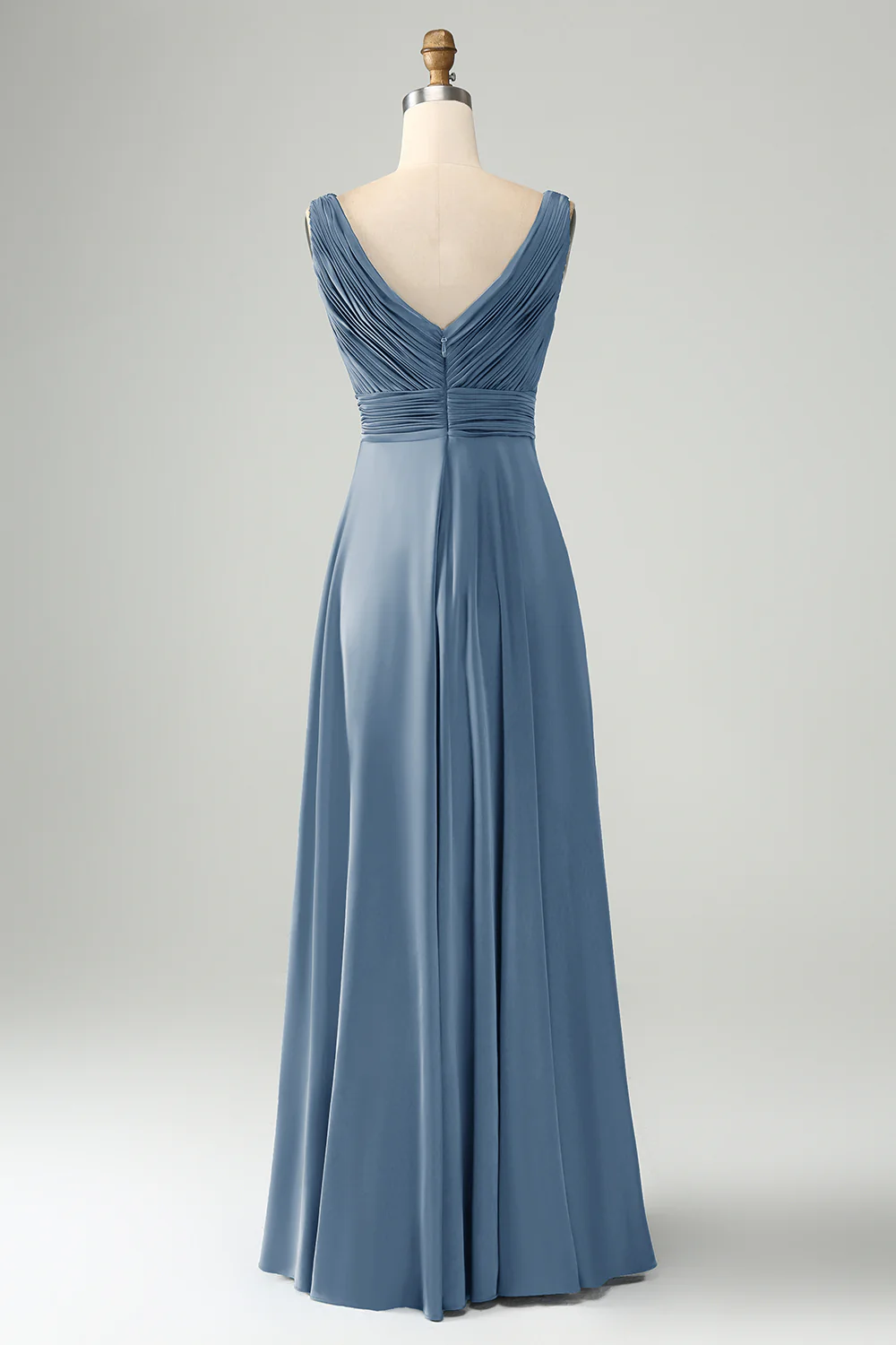 Bleu poussiéreux A ligne col V trou de serrure longue robe de demoiselle d’honneur - Image 2