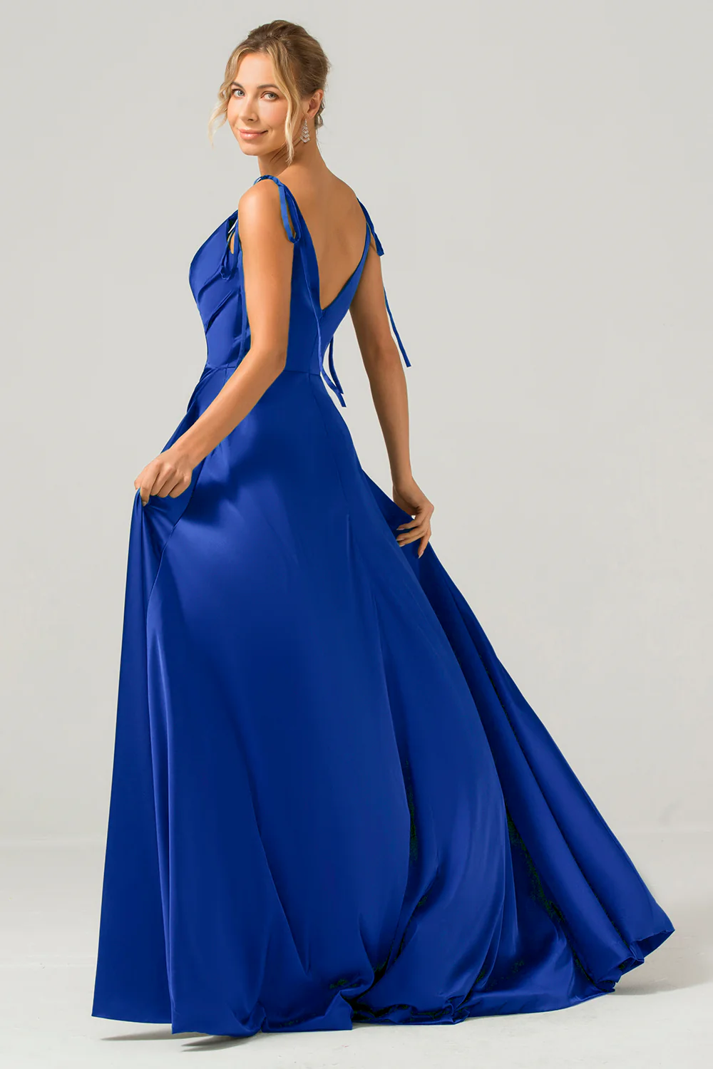 Robe de demoiselle d'honneur longue bleu poussiéreux ligne A bretelles fines froncée avec fente - Image 22