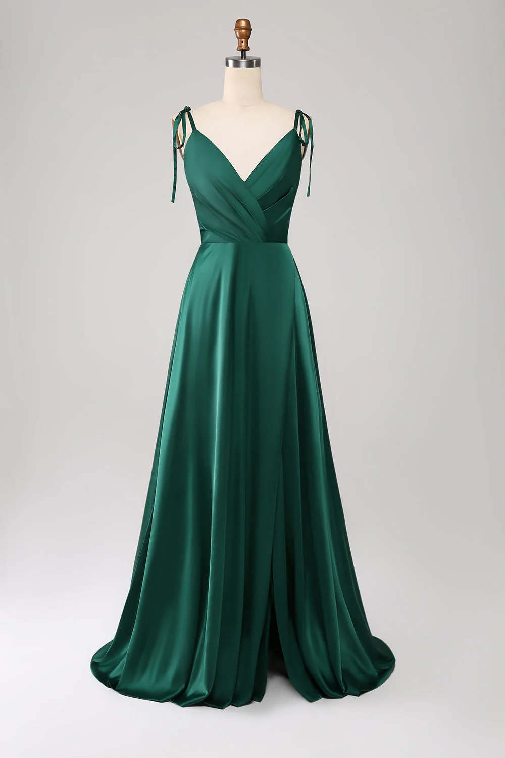 Robe de demoiselle d'honneur longue bleu poussiéreux ligne A bretelles fines froncée avec fente - Image 9
