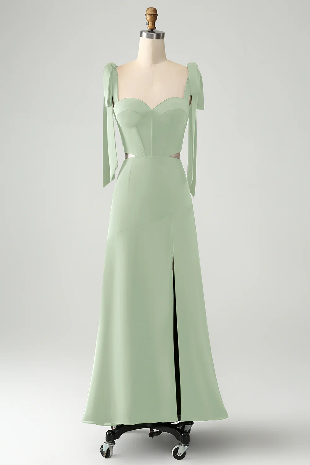Bleu poussiéreux A Line Spaghetti Straps Longueur au sol Robe d’invitée de mariage avec fente - Image 3