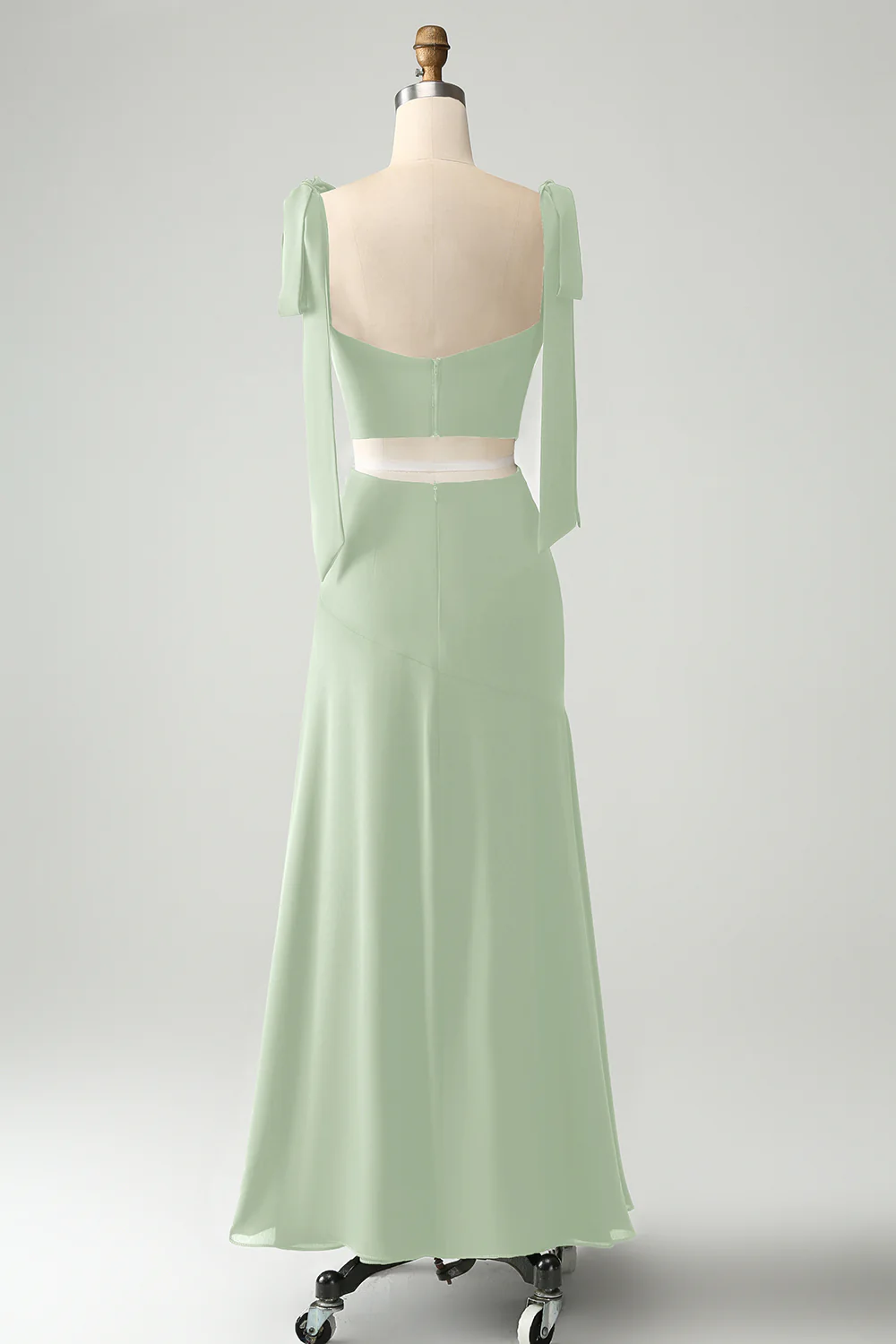 Bleu poussiéreux A Line Spaghetti Straps Longueur au sol Robe d’invitée de mariage avec fente - Image 4