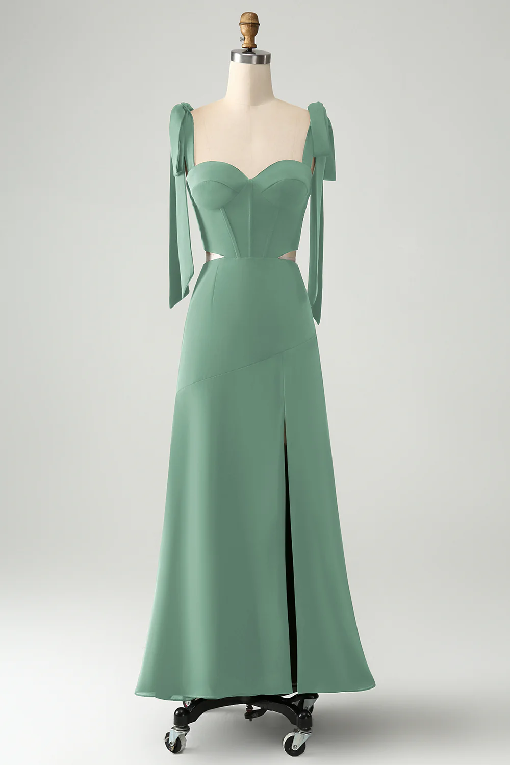 Bleu poussiéreux A Line Spaghetti Straps Longueur au sol Robe d’invitée de mariage avec fente - Image 5