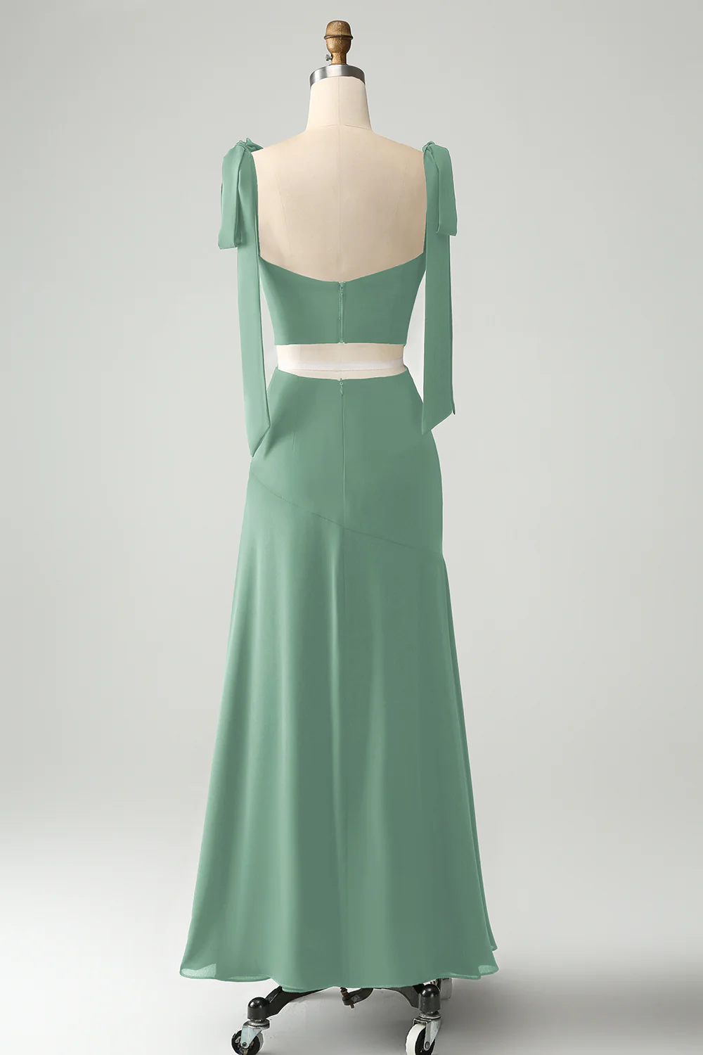 Bleu poussiéreux A Line Spaghetti Straps Longueur au sol Robe d’invitée de mariage avec fente - Image 6
