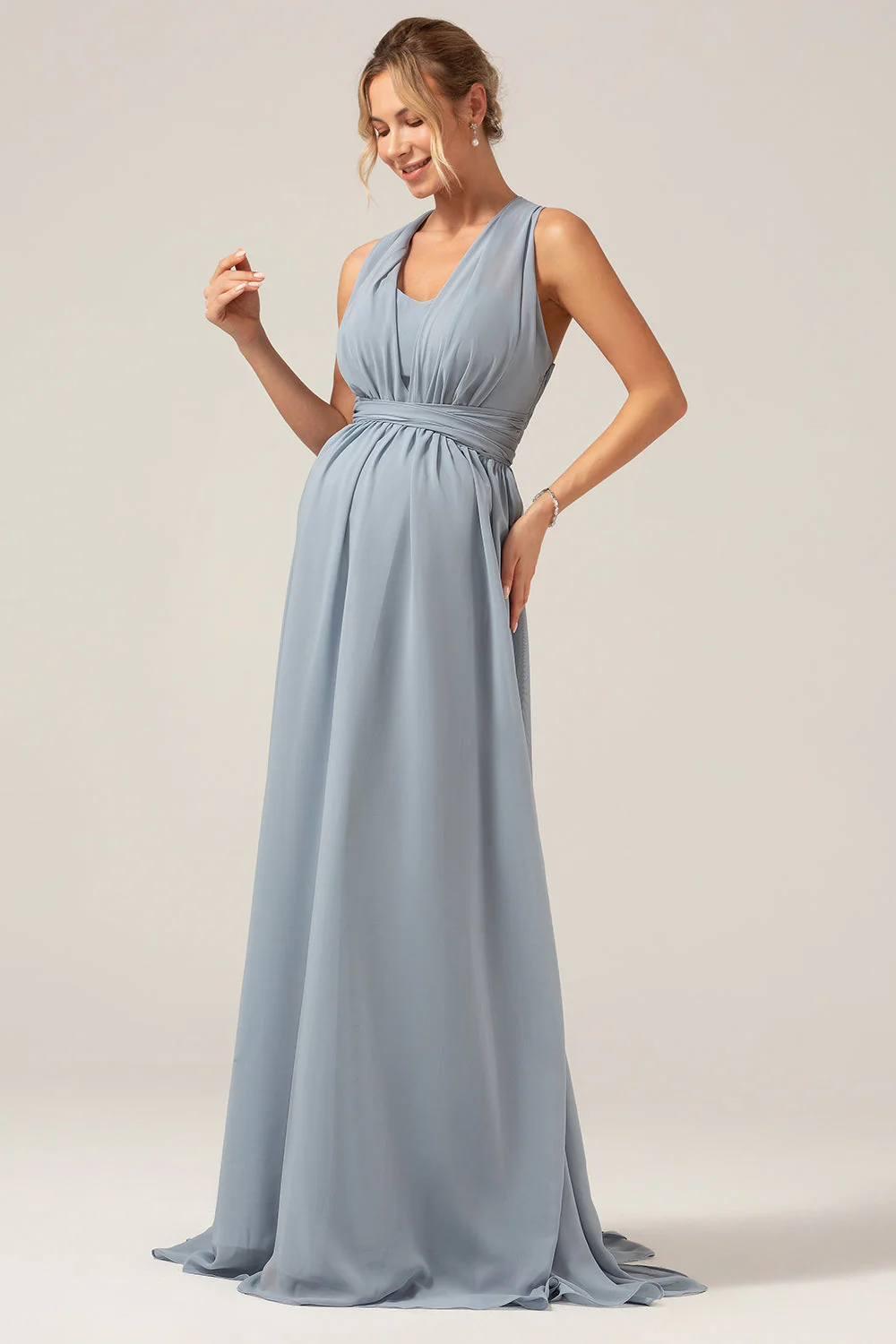 Bleu poussiéreux convertible Boho en mousseline de soie longue robe de demoiselle d’honneur de maternité - Image 5