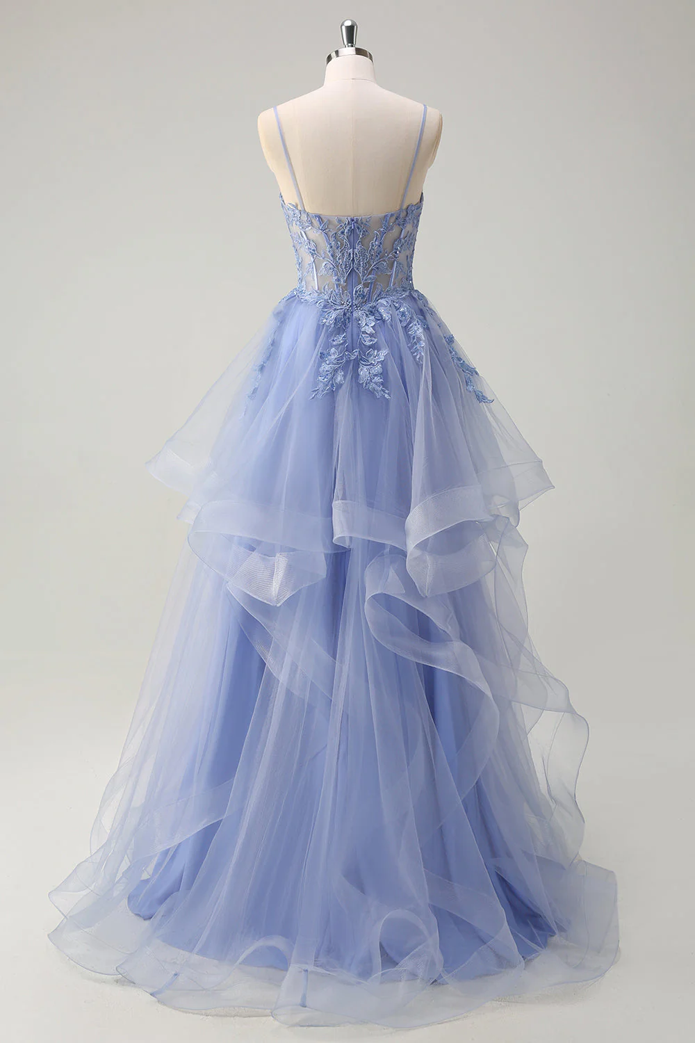 Bleu poussiéreux Une ligne spaghetti bretelles Corset Spirale Volants Robe de bal longue - Image 2