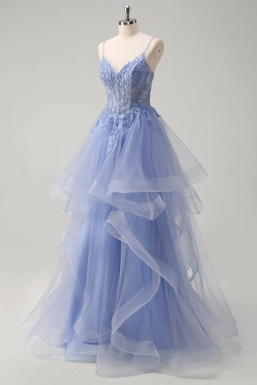 Bleu poussiéreux Une ligne spaghetti bretelles Corset Spirale Volants Robe de bal longue - Image 3