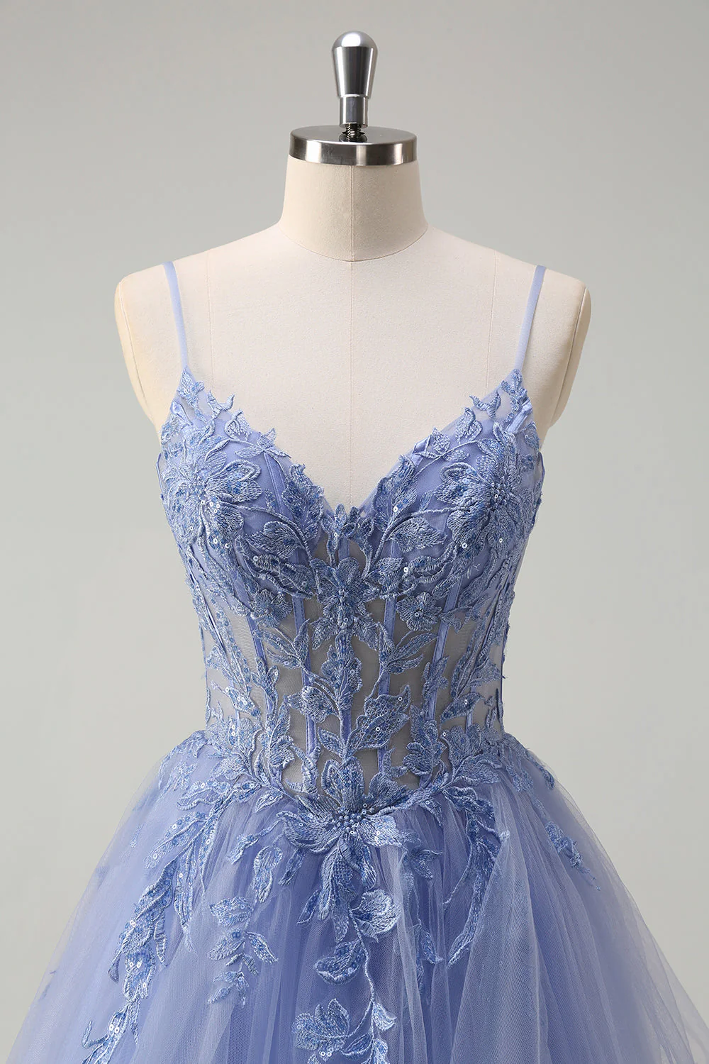 Bleu poussiéreux Une ligne spaghetti bretelles Corset Spirale Volants Robe de bal longue - Image 4