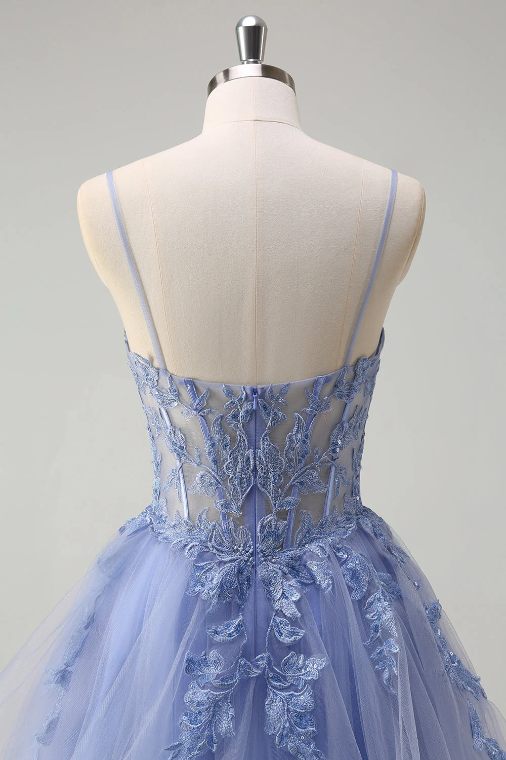 Bleu poussiéreux Une ligne spaghetti bretelles Corset Spirale Volants Robe de bal longue - Image 5