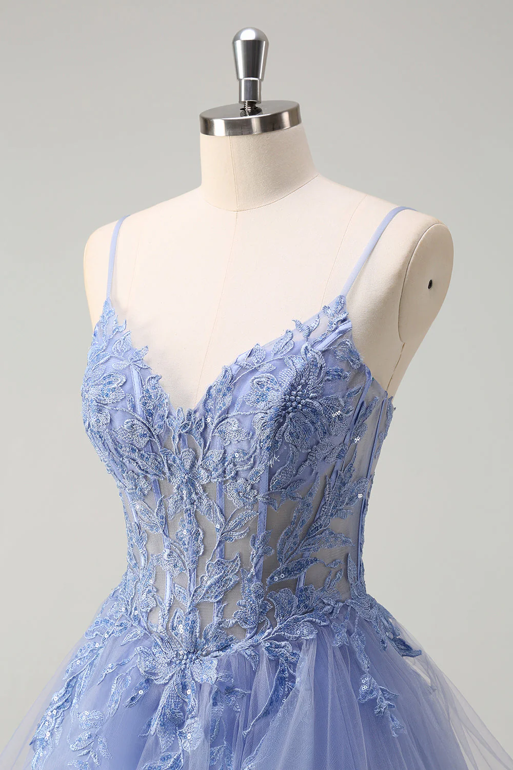 Bleu poussiéreux Une ligne spaghetti bretelles Corset Spirale Volants Robe de bal longue - Image 6